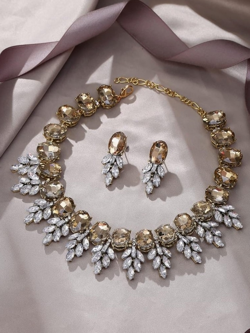 Gold and Champagne Crystal Statement Necklace Set Made Wt Swarovski Crs Elements